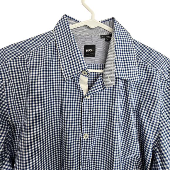 Boss Hugo Boss Shirt Blue White Checker Gingham Dress Shirt Men L Regular Fit - Picture 2 of 8